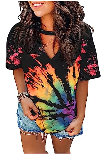 Sexy V Neck T Shirts for Women Tie Dye Hollow Out Blouse Tops Summer Loose, Rainbow, M