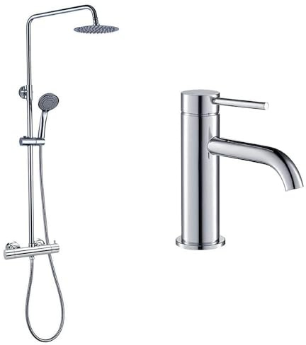 Kibath Conjunto Columna de ducha monomando más grifo de lavabo ZUÑ, Tubo Extensible regulable en Altura de 80 a 120 cm. Frabricado en latón acabado cromo Brillo.