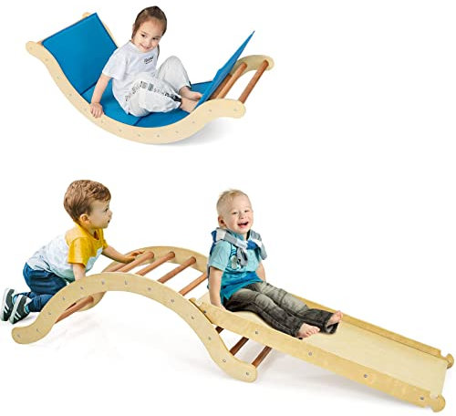 COSTWAY Kletterbogen mit Rutsche, Kletterdreieck Holz, 3 in 1 Klettergerüste Indoor zum Rutschen, Klettern und Wippen, inkl. umkehrbare Rampe, für Kinder ab 1 Jahre (Natur)