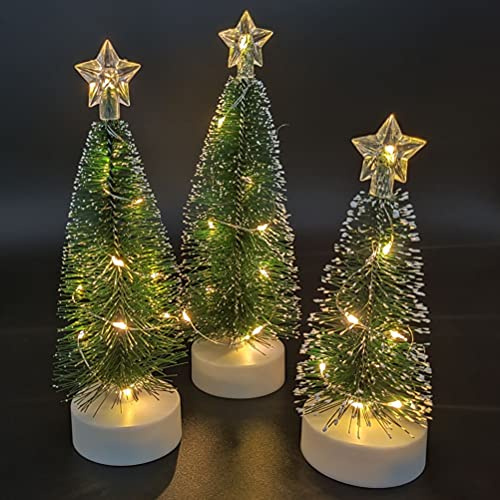 Roexboz Mini Weihnachtsbäume, 3 Stück Miniatur Kleiner Sisalbaum mit Holzsockel, LED Flaschenbürste Bäume Weihnachten Tischbäume Heimdekoration