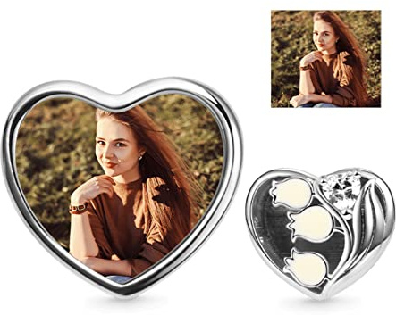 GNOCE Flower Personalized Photo Charm Bead 925 Sterling Silver Heart Shaped Custom Photo Charm Inliad with CZ Stones Enamels Fit Bracelet/Necklace for Women Girls Wife Daughter (Lily of the Valley)
