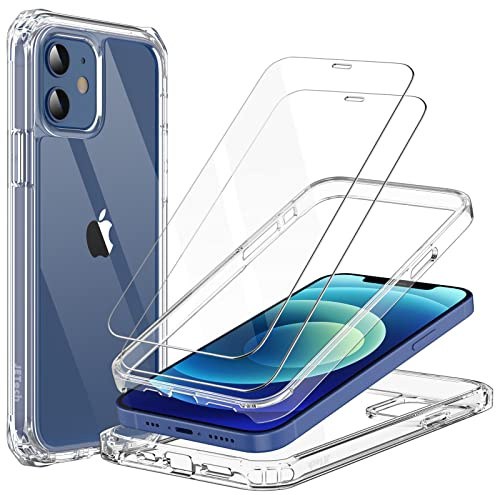 JETech Hülle für iPhone 12/12 Pro, Durchsichtig | 2 Gehärtete Glas Schutzfolien, 360° Rundumschutz, Stoßschutz, Transparente Rückseite