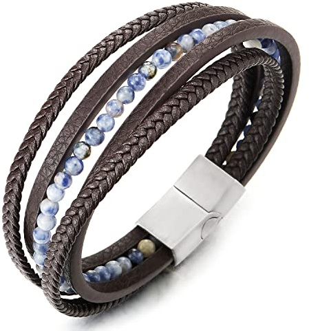 COOLSTEELANDBEYOND Multi-Strang Armband Edelsteine Wulst Kette Geflochtene Leder Schweißband Edelstahl Magnetverschluss