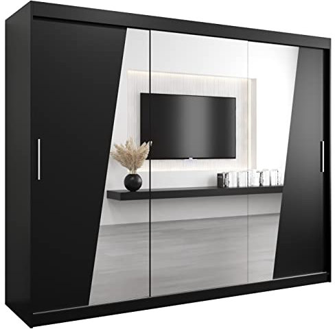 MEBLE KRYSPOL Rhomb250 Schlafzimmerschrank mit DREI Schiebetüren, Spiegel, Kleiderstange und Regalen – 250x200x62cm - Mattschwarz