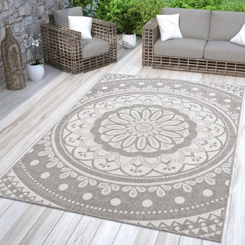 TT Home In-& Outdoorteppich Wetterfest Garten Orientalisches Marokkanisches Boho Design, Farbe: Grau Weiß, Größe:160x220 cm