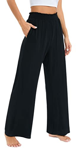 Famulily Women's Casual Stretch Pull On Wide Leg Trousers Ladies Elasticated Smocked Waist Lounge Pants with Pockets