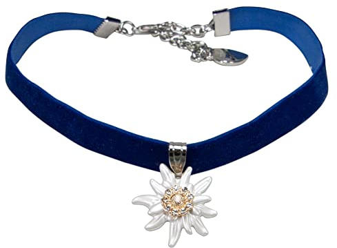 Alpenflüstern Trachten-Samt-Kropfband Greta - nostalgische Trachtenkette enganliegend, Kropfkette elastisch, eleganter Damen-Trachtenschmuck, Samtkropfband schmal (blau) DHK319