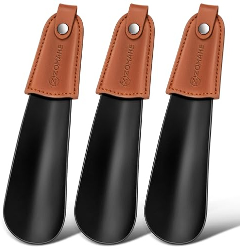 ZOMAKE Schuhanzieher klein, kleiner Schuhlöffel aus Metall, 17 cm, 3er | Mini Reise-Schuhlöffel, Schuhanzieher kurz aus Edelstahl, griffig, PU-Hülle, für Kinder, kompakt in Tasche, unterwegs