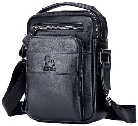 pundarika Bolso de hombro de piel auténtica para hombre, bolsas de hombre pequeñas para hombre, bolso cruzado, bolsa de mensajero, correa de hombro ajustable. Negro
