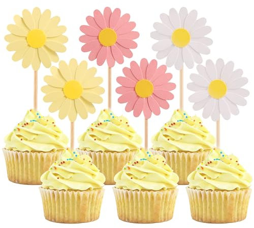 24Pcs Daisy Cupcake Toppers Flower Cake Topper Decorations Daisy Cake Decorations Chrysanthemum Cupcake Toppers Spring Daisy Flower Cake Picks for Birthday Wedding Supplies Multi