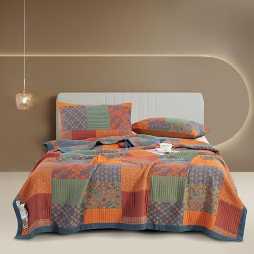 Purefair 100% Cotton Muslin Blanket Jacquard Rustic Orange Bohemian Plaid Patchwork Floral Quilt, Soft Bed Cover 3 Layers Lightweight Gauzy Reversible Bedspread Coverlet King(98x94), No Pillow Sham