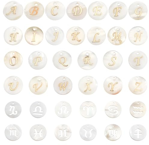 PH PandaHall Anhänger-Set Mit Natürlichen Süßwassermuscheln, 26 Stück Buchstaben A~Z Charms 15mm Vergoldete Buchstaben-Charms 12 Stück Konstellationen Hohl-Charms Für Schmuck, Halskette, Armband