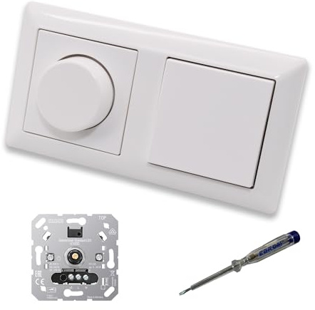 EBROM SET IDEE: JUNG 1730DD LED Dimmer + Lichtschalter 506U alpinweiß | Dimmer + Dimmerscheibe A1740WW + Lichtschalter 506U in alpinweiß glänzend + EBROM Phasenprüfer zur Montage der Geräte