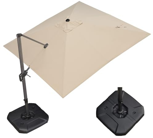 PURPLE LEAF Sombrilla Terraza 3 x 3 m con Base, Sombrilla Jardín Exterior de Aluminio con Tejido 240g Protección UV 50+, Manivela, 5 Ajustes de Inclinación y Rotación 360°, Beige