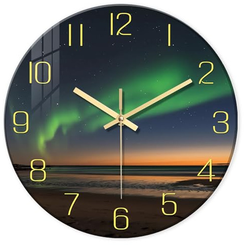 KSYOU Modern High Strength Glass Wall Clock, Decorative Green and Gold Bedroom Decor, Non Ticking Battery Operated Aurora Wall Clocks for Living Room/Kitchen/Bathroom/Office, 12 Inch