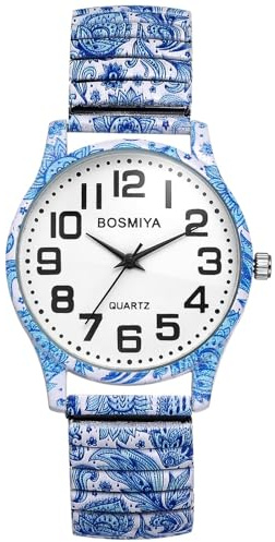 OIDEA Womens Stretch Band Watches: Bohemia Flower Big Number Analog Quartz Easy Reader Elastic Strap Watch Casual Business Ladies Wristwatch