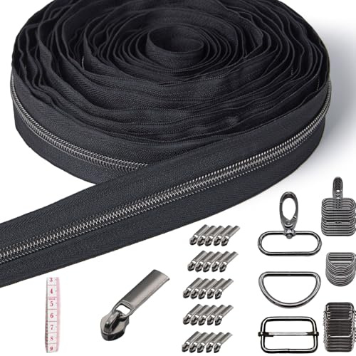 Sonekin 9M Endlosreißverschluss mit Zipper,Inklusive Zubehör (Schwarz) | Einfach zu Montieren, Leichtgängig, Komplettes Zubehörset, Auf die Gewünschte Länge Zuschneidbar, Exquisite Verarbeitung