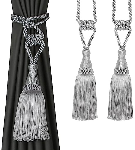 BEL AVENIR Vorhang-Raffhalter, handgewebt, für Vorhänge, dekorative Raffhalter mit Quasten (Silber, 2 Stück)