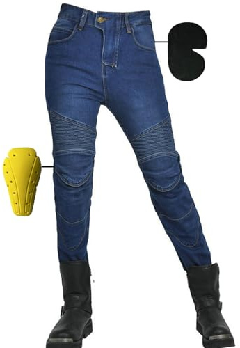 Pantaloni Moto Donna, Pantaloni da motociclista Elasticizzati Pantaloni da motociclista protettivi da gara slim fit Jeans da Moto con 4 imbottiture protettive rimovibili (Blue,S)