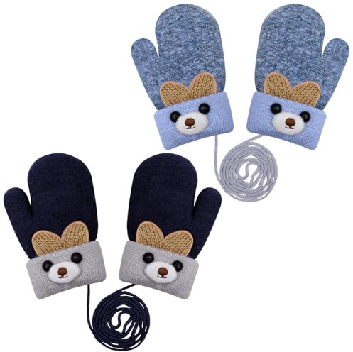 KASURE 2 Paar Baby Winter Handschuhe, Winter Warme Dicke Babyhandschuhe mit Fleece, Full Finger Glove Babyfäustlinge mit Schnur für 0-3 Jahre Jungen Mädchen(Blau und Marineblau)