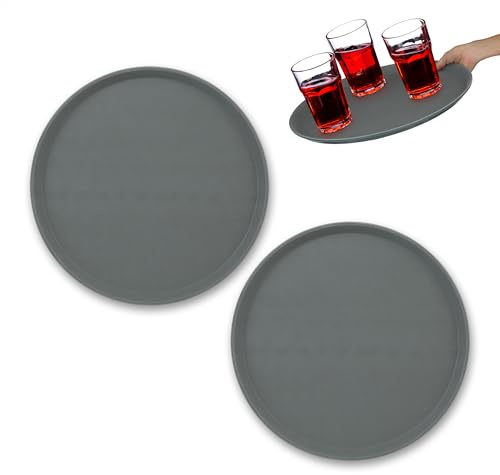 Relaxdays Bandejas Camarero, Pack de 2, Superficie Antideslizante, Redonda, Bares, Restaurantes, Hogar, Ø 40 cm, Gris, Caucho