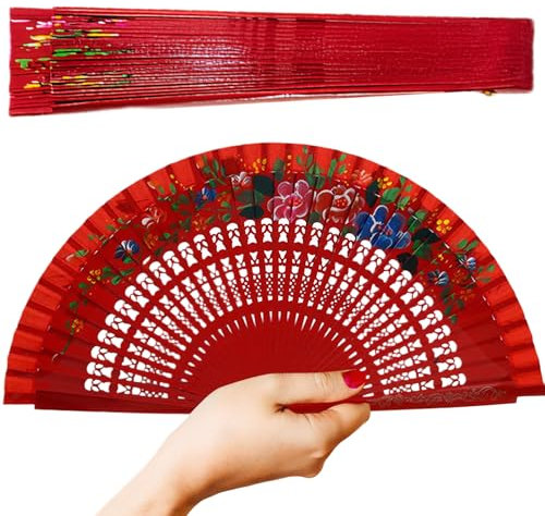 Folding Hand Fan Vintage Spanish Chinese Hand Fan Wooden Hand Fan with Floral Patterns on Both Sides for Cheongsam Dance-Themed Party,Red