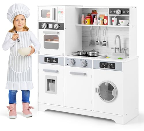 COSTWAY Kids Wooden Kitchen, Pretend Play Kitchen with Light, Sound, Sink & Faucet, Oven, Washing Machine, Microwave, Water Dispenser, Utensils, Children Chef Role Playset for Boys Girls (White)
