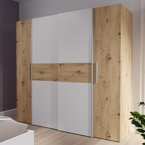 Forte Ginger Kleiderschrank 200, moderner Schrank mit 4 Türen und vielen Einlegeböden, Dreh-/Schwebetüren, Holzwerkstoff, Artisan Eiche/Weiß, 200,1 cm breit, 190,5 cm hoch, 61,6 cm tief