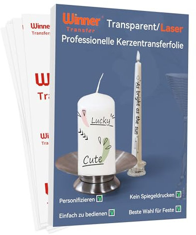 WinnerTransfer A4X10 Blatt,Kerzenfolie,Laser Wasserschiebefolie für Kerzen Taufe,Kerzentransferfolie für Laserdrucker, Kerzensticker Kerzentattoos Tattoofolie,Kerzendekopapier(WT-12-10-Laser)