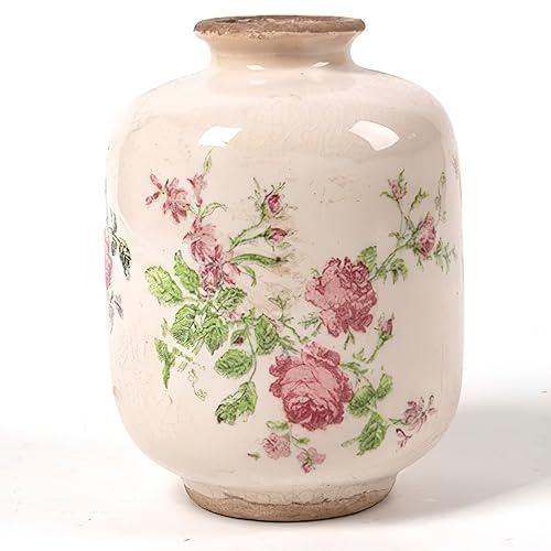 SYDDOL handgemalte weiße Keramikvase, kleine französische Landhausstil-Porzellanvase mit gemalten Blumendesign und Vintage-Crackle-Glasur für Hochzeit, Esstisch, Büro, Schlafzimmer – 14 cm / 5,5 Zoll