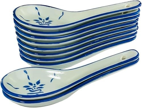 Cucharas de sopa de cerámica, cucharas de sopa chinas, cucharas de cerámica, cucharas de sopa, juego de cucharas for aperitivos, patrón azul, largo de 5,1, juego de 12 cucharas for servir