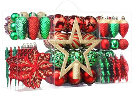 SHareconn 106PCS Christmas Balls Ornaments Set, Colorful Shatterproof Plastic Decorative Baubles for Xmas Tree Decor Holiday Wedding Party Decoration with Hanging Hooks, Red & Green Gold