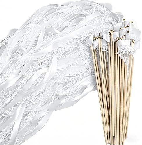 Wedding Wands mit Glocke, 50 Stück Zauberstäbe Hochzeit Luftschlangen, Luftschlangen mit Holzstäbchen werden, Wedding Wands Hochzeit für Hochzeiten Geburtstage Partys Feiertagsfeiern (Weiß-50pcs)