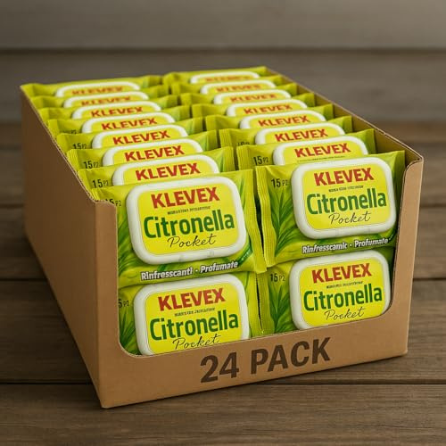 Klevex Salviettine Imbevute alla Citronella 12/24/48 Pacchetti da 15 – Rinfrescanti, Detergenti e Profumate, Con Fragranza Naturale che Aiuta a Difendere la Pelle e Garantire Freschezza e Pulizia (24)