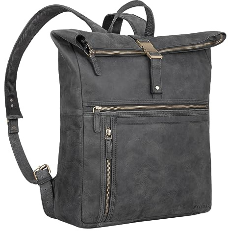 STILORD Leya Vintage Rolltop Ryggsäck för Damer i Läder Vattentålig - Laptopryggsäck 15.6 | 16 | 17 Tum - Modern Läderryggsäck för Universitet, Affärer, Vandring och Cyklin Farbe:Antracit