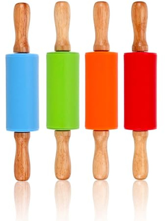 Wooden Rolling Pin for Baking - Mini Kids Rolling Pins, Non-Stick Silicone Handle Pizza Roller, Pastry Brushes Dough Roller for Baking Pizza Cookie Pastry, 4 Pack (Blue, Green, Orange, Red)