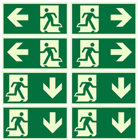8 Stück Schild Notausgang, 300 x 150 mm Notausgangsschild Nachleuchtend selbstklebend, Links, rechts und unten, Reflektierend Fluchtwegschild Rettungsweg, für Hotels, Schulen, Bürogebäude