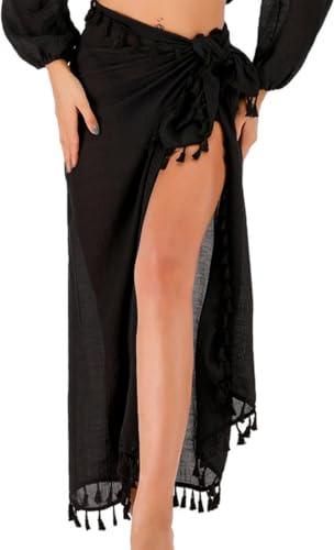 1 Stück Damen Sarong/Pareo für den Strand - zum Tragen über Badeanzügen Women Beach Batik Long Sarong Swimsuit Cover up Wrap Pareo with Tassel for Women Girls - Schwarz