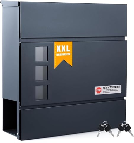Zedelmaier XXL Briefkasten Wandbriefkasten Postkasten C4 Briefkästen mit Zeitungsfach inkl. 4 Schlüsseln und Schloss Mailbox Groß Anthrazit 37 X 37 X10,5 cm