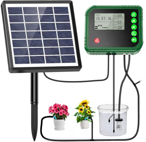 Lewisia Solar Automatic Drip Irrigation Kit with Timer and Water Sensor for 15 Potted Plants Self Watering System DIY Plant Waterer Auto-Irrigation Set for Garden Raised Beds Patio Greenhouse
