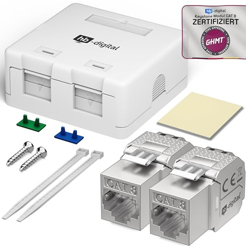 HB-DIGITAL 1 Stück Aufputz-Netzwerkdose 2-Port CAT 8 inkl. Keystone - Weiß | Werkzeuglose CAT-8-Aufputzdose mit geschirmtem Keystone-Modul für Datenübertragungen bis zu 40 Gbit/s - Weiß