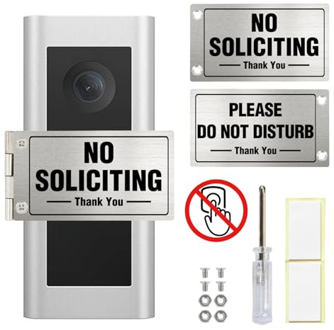 No soliciting sign for house and for front door，small aluminum metal Doorbell Cover，Rotates From NO SOLICITING to DO NOT DISTURB，Universal No-Drill Installation, Effective for Home Office, Baby Sleep, Pet Quiet Time