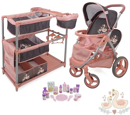 509 Crew 17 Piece Deluxe Twin Doll Play Set, Doll Tandem Stroller, Sleep and Feed Play Station, 15 Piece Feed and Care Accessories, for Two Dolls Play Set, Ages 3+