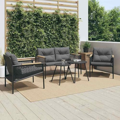 Teenpull 5-TLG. Balkongmöbelset, svart pulverlackerat stål, textil, teak, trädgårdsmöbler med kudde för terrass, veranda, utomhus