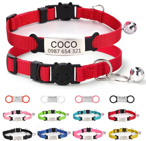 Personalisierter Katzenhalsband mit graviertem Anhänger & Glocke, Rot | Individuell gravierter Name langlebiges Polyester‑Material, verstellbar, für männliche & weibliche Katzen & Kätzchen