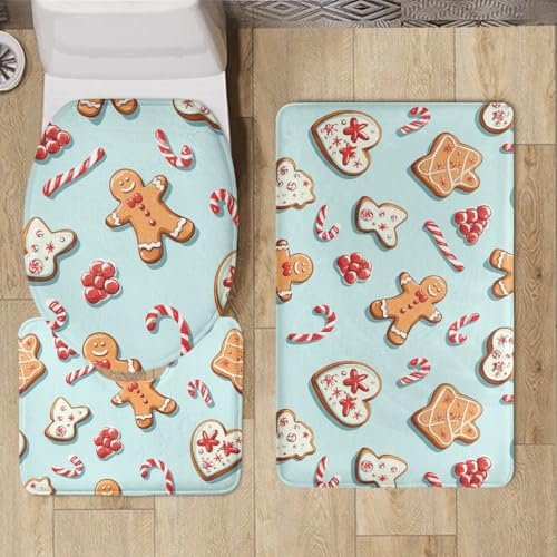 Bad Teppiche Set Orange Rote Weihnachten Badezimmerteppich Waschbar WC Vorleger mit Ausschnitt und WC Deckelbezug 3 Teilig Badematte rutschfest Toilettensitzbezug Badgarnitur 45x75 cm