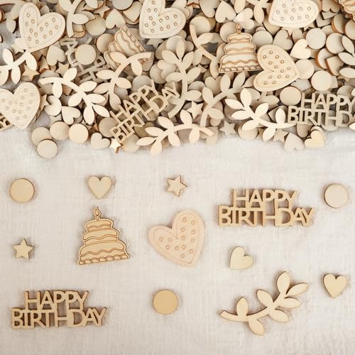 HOLDLEAF 200 Stück Holz Streudeko Geburtstag – Holz Konfetti mit Herzen & Torte, Tischdeko Geburtstag Party, Natur Holzdeko zum Basteln & Dekorieren
