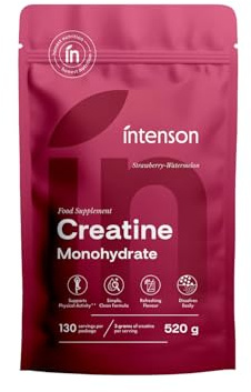 Intenson Créatine Monohydrate, Fraise–Pastèque, 520 g, 130 Portions | Poudre de Créatine Aromatisée, Sans Sucre, Naturellement Sucrée, Se Dissout Facilement, Rituel Quotidien de Bien-Être