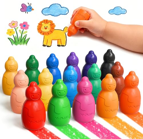 YPLUS Dicke Jumbo Wachsmalstifte für Kleinkinder 1-4, 16 Farben Ungiftig | Stapelbares Schneemann Design, Waschbar Ungiftig ab 1 Jahr, Geschenk
