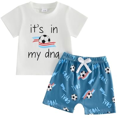Carolilly Set da bambino estivo, 2 pezzi, stampa lettere e calcio, maglietta a maniche corte + pantaloncini, blu, 6-12 Mesi